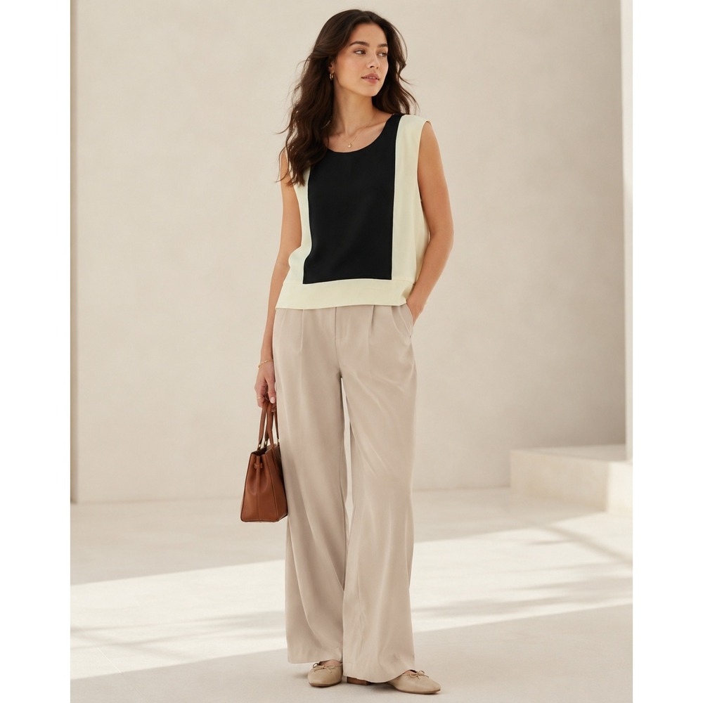 J.Crew Colorblock 100%‎ Silk Tank Top Black Cream Size 2 Minimalist Corporate